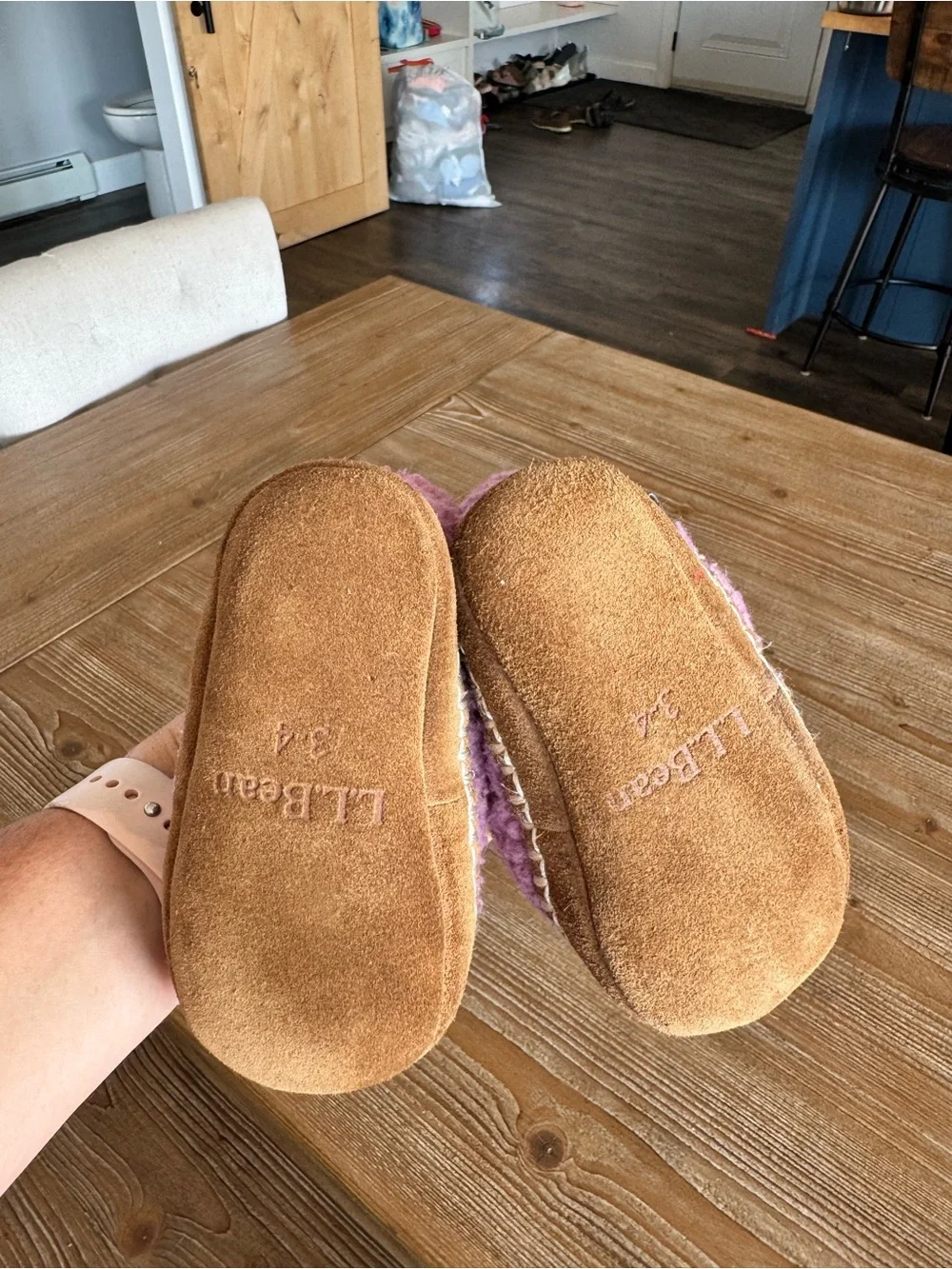 L.L. Bean Kids Pink Fleece Moccasin Slippers with Cream Lining